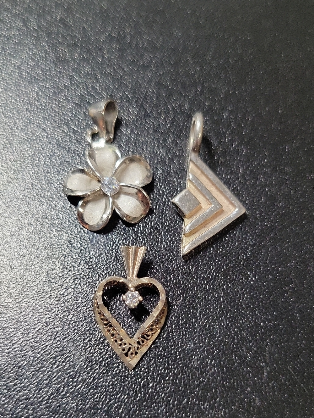 Sterling Silver Floral, Chevron and Heart Pendant Trio in Silver